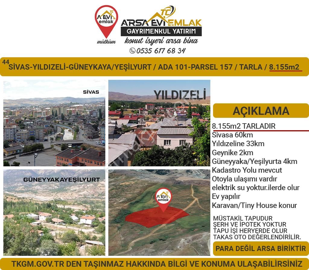 Yıldızeli Güneykaya Bld. (Yeşilyurt) Satılık Tarla Sivas-yıldızeli-güneyyakayeşilyurt-satılık-8155m2tarla