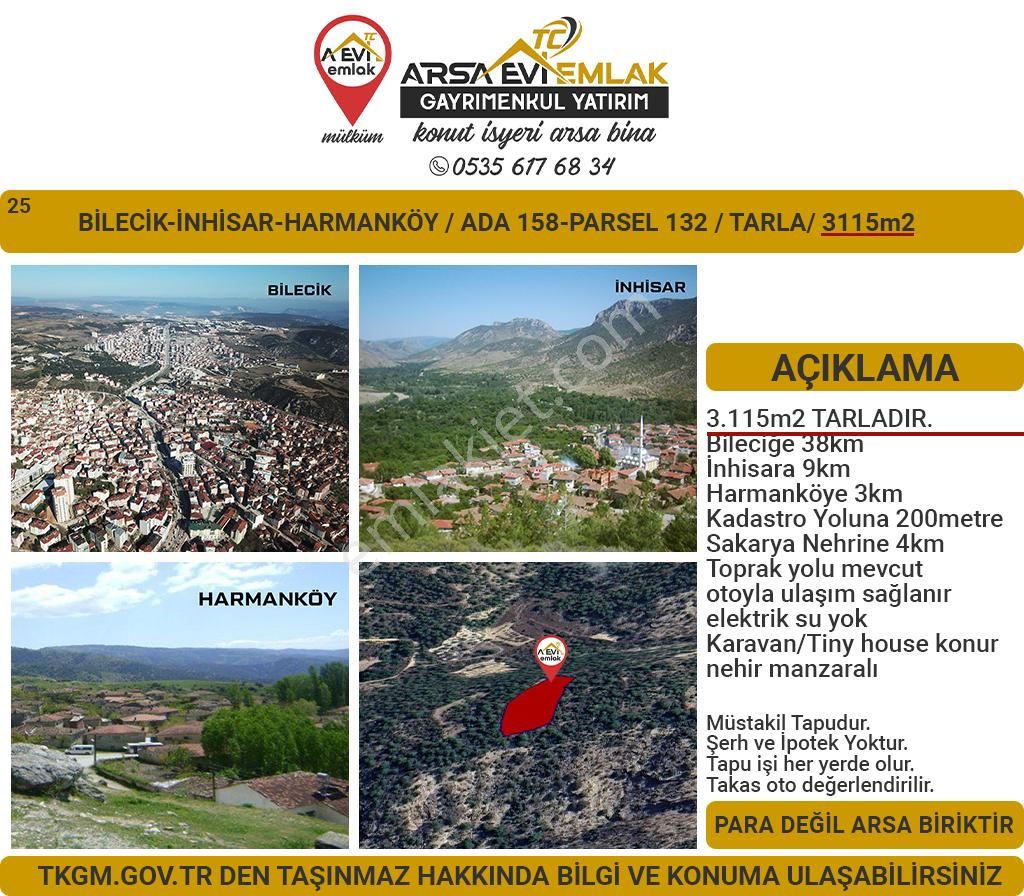 İnhisar Harmanköy Köyü Satılık Tarla Bilecik-inhisar-harmanköy-satılık 3115m2 Tarla