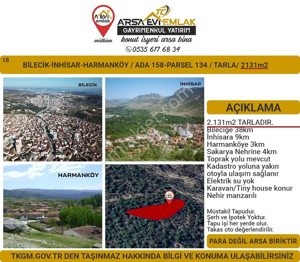 İnhisar Harmanköy Köyü Satılık Tarla Bilecik-inhisar-harmanköy-satılık 2131m2 Tarla