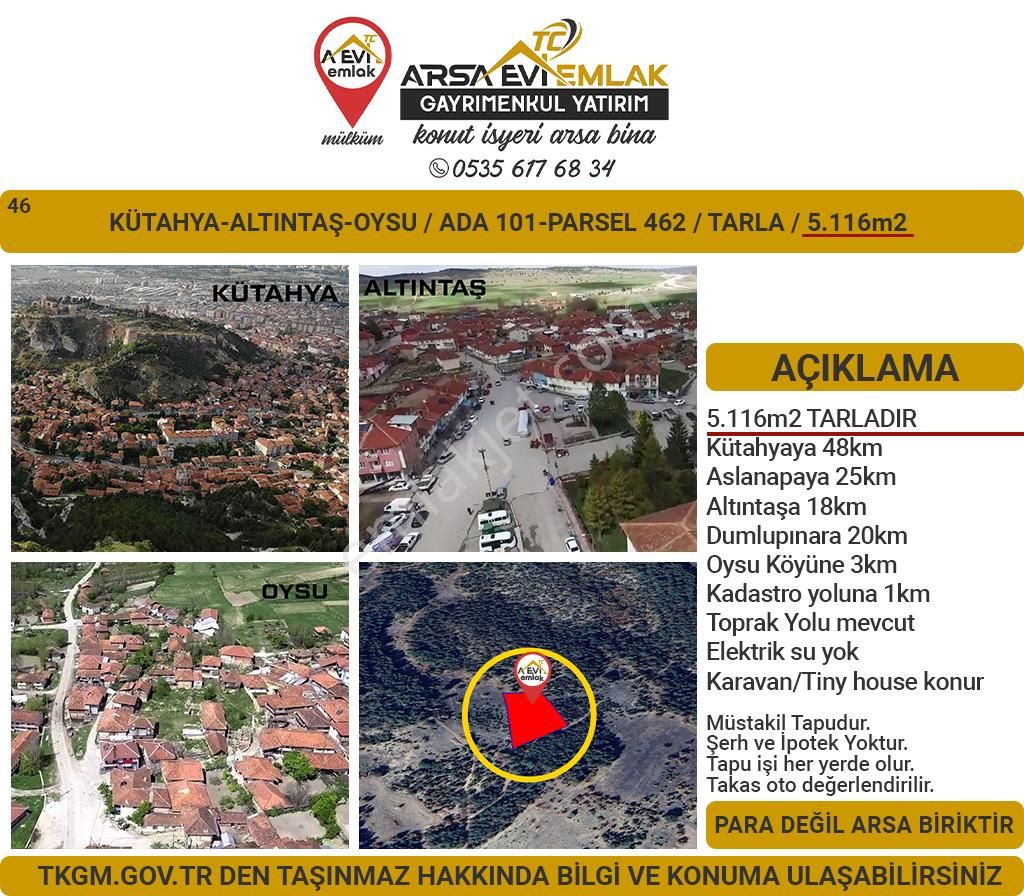 Altıntaş Oysu Köyü Satılık Tarla Kütahya Altıntaş Oysu 5116m2 Satılık Tarla