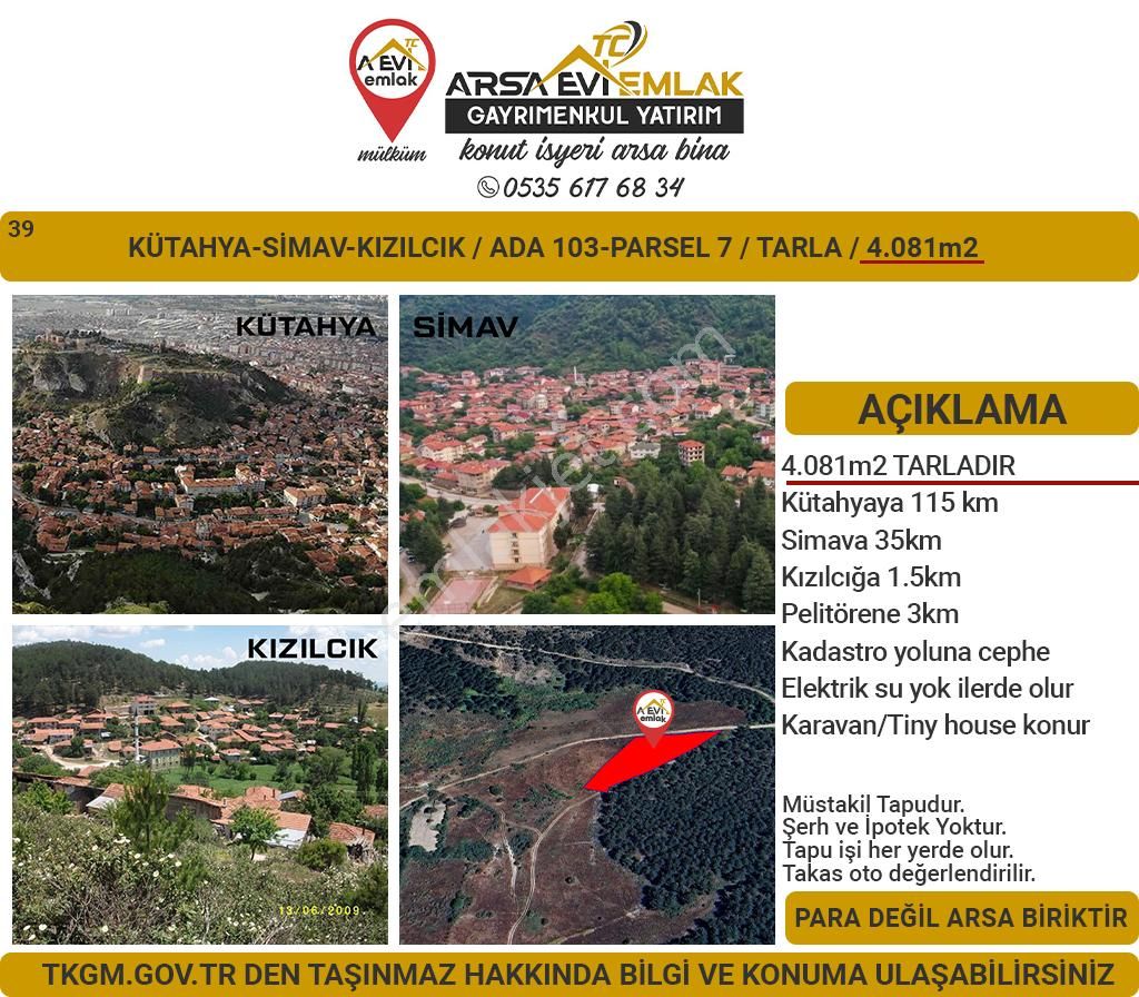 Simav Kızılcık Köyü Satılık Tarla Kütahya Simav Kızılcık Satılık 4081m2 Tarla