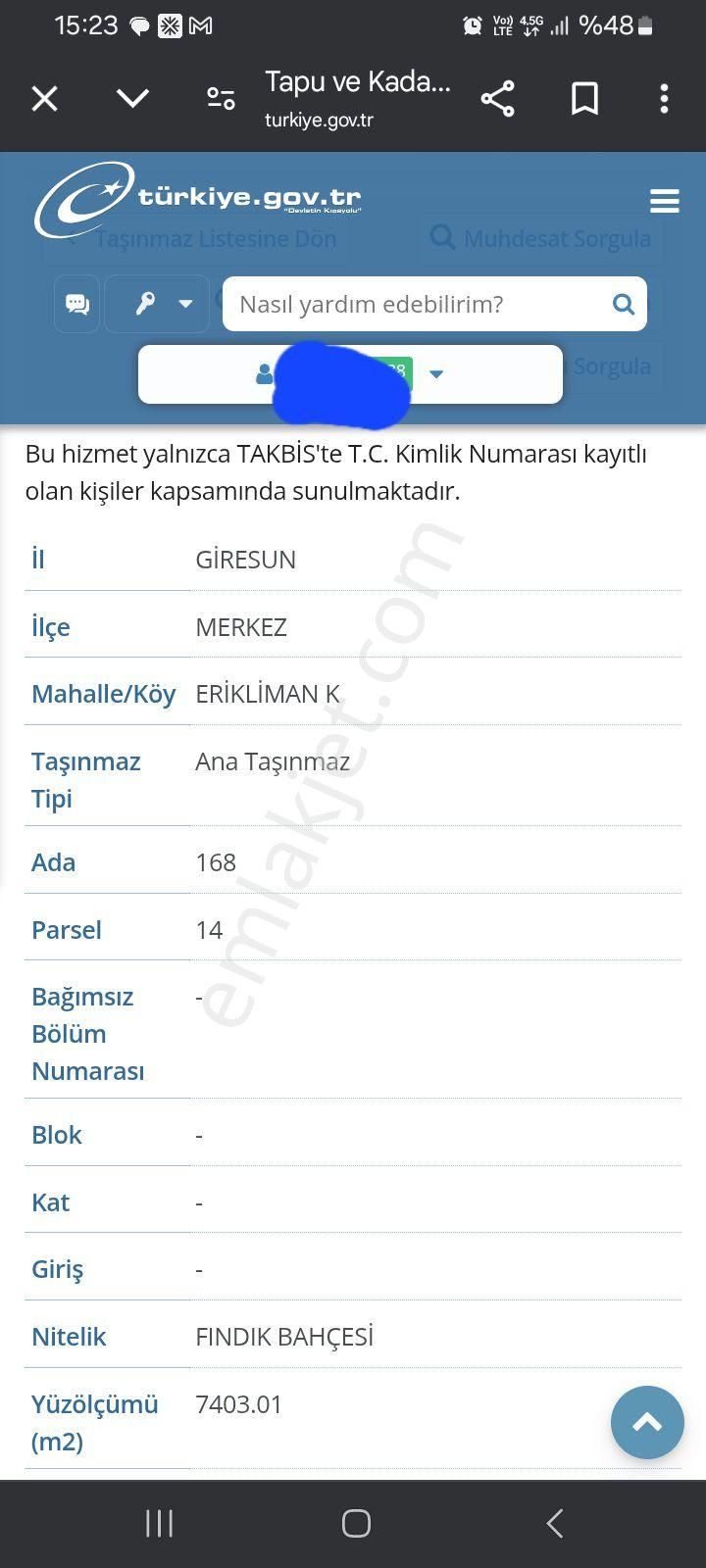 Giresun Merkez Eriklimanı Köyü (Gaziler Tepesi Alt) Satılık Bağ & Bahçe Satilik Bahçe