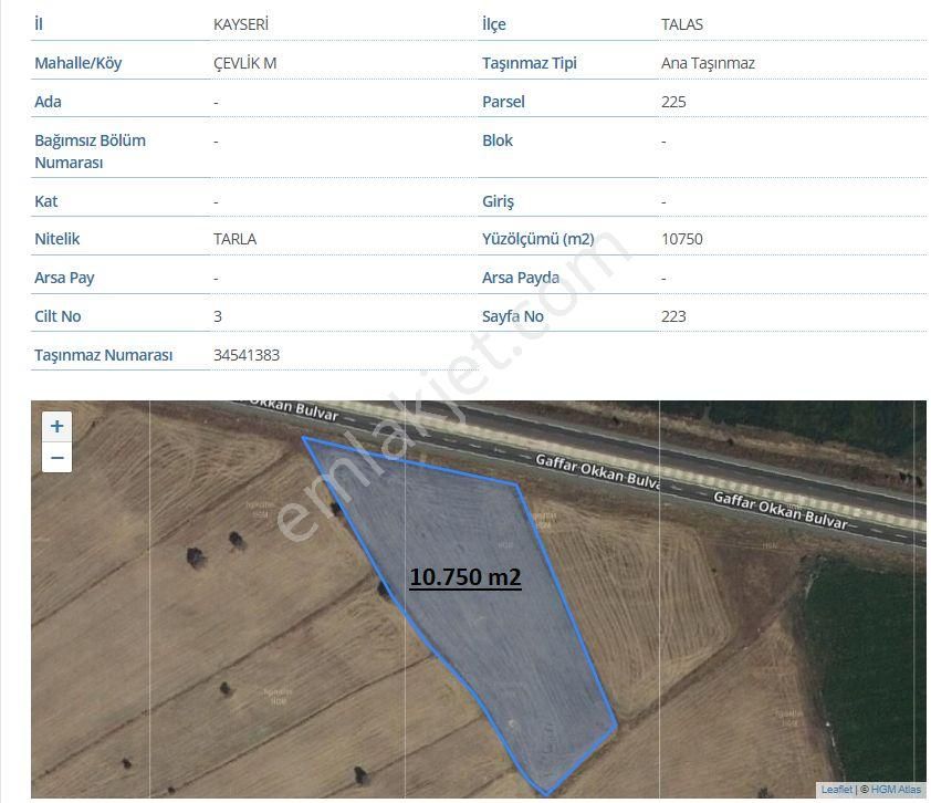 Talas Çevlik Satılık Tarla Talas Çevlik Mah. Yola Sıfır 10.750 M2 Yatırımlık Tarla