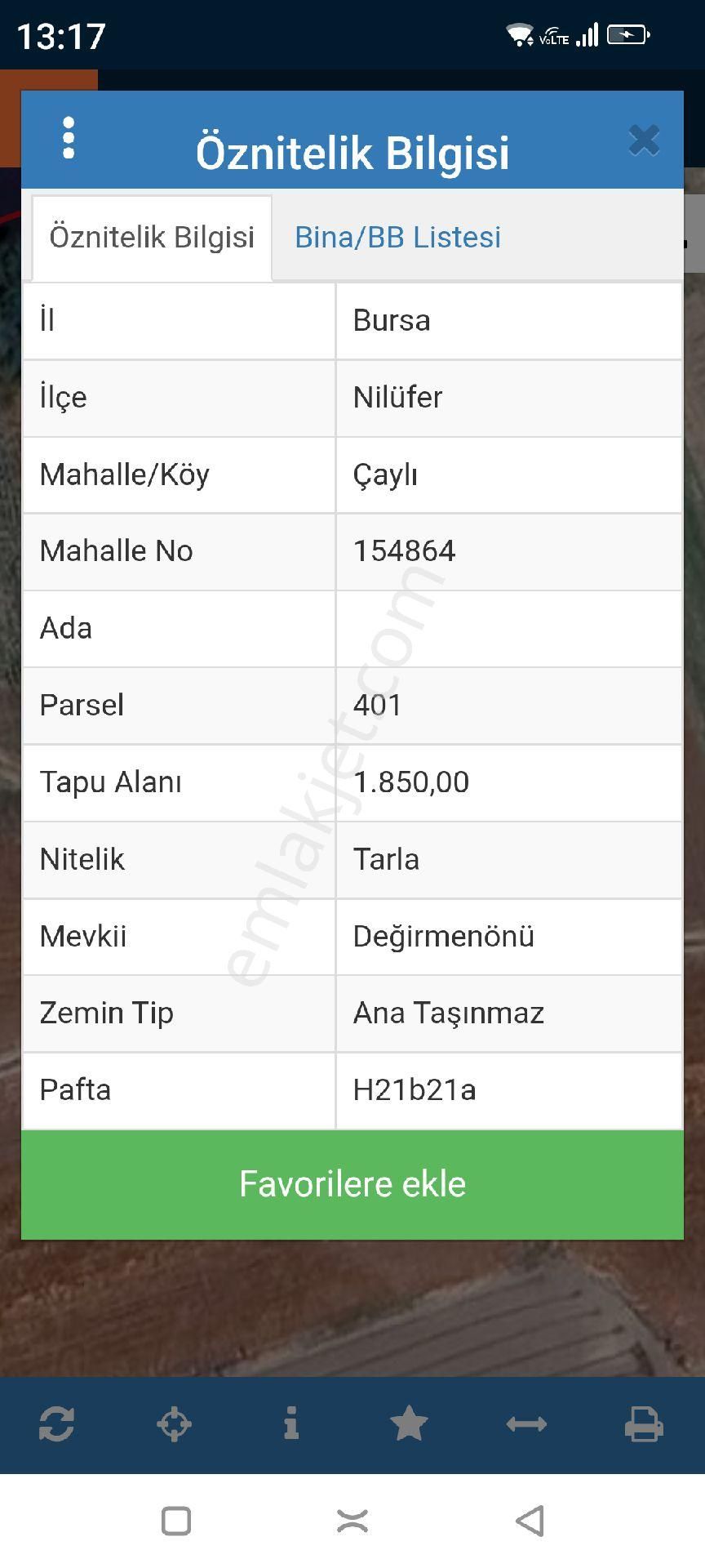 Nilüfer Çaylı Satılık Tarla Çayli Mahallesi Satılık 1.850 Mt Tarla