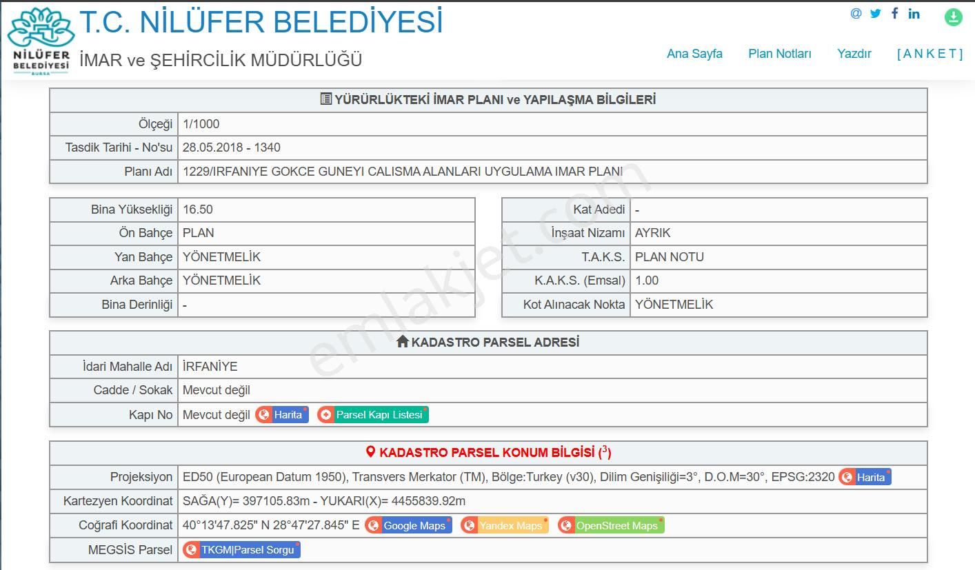 Nilüfer İrfaniye Satılık Ticari İmarlı Sahibinden Toplu İşyeri İmarlı Arsa