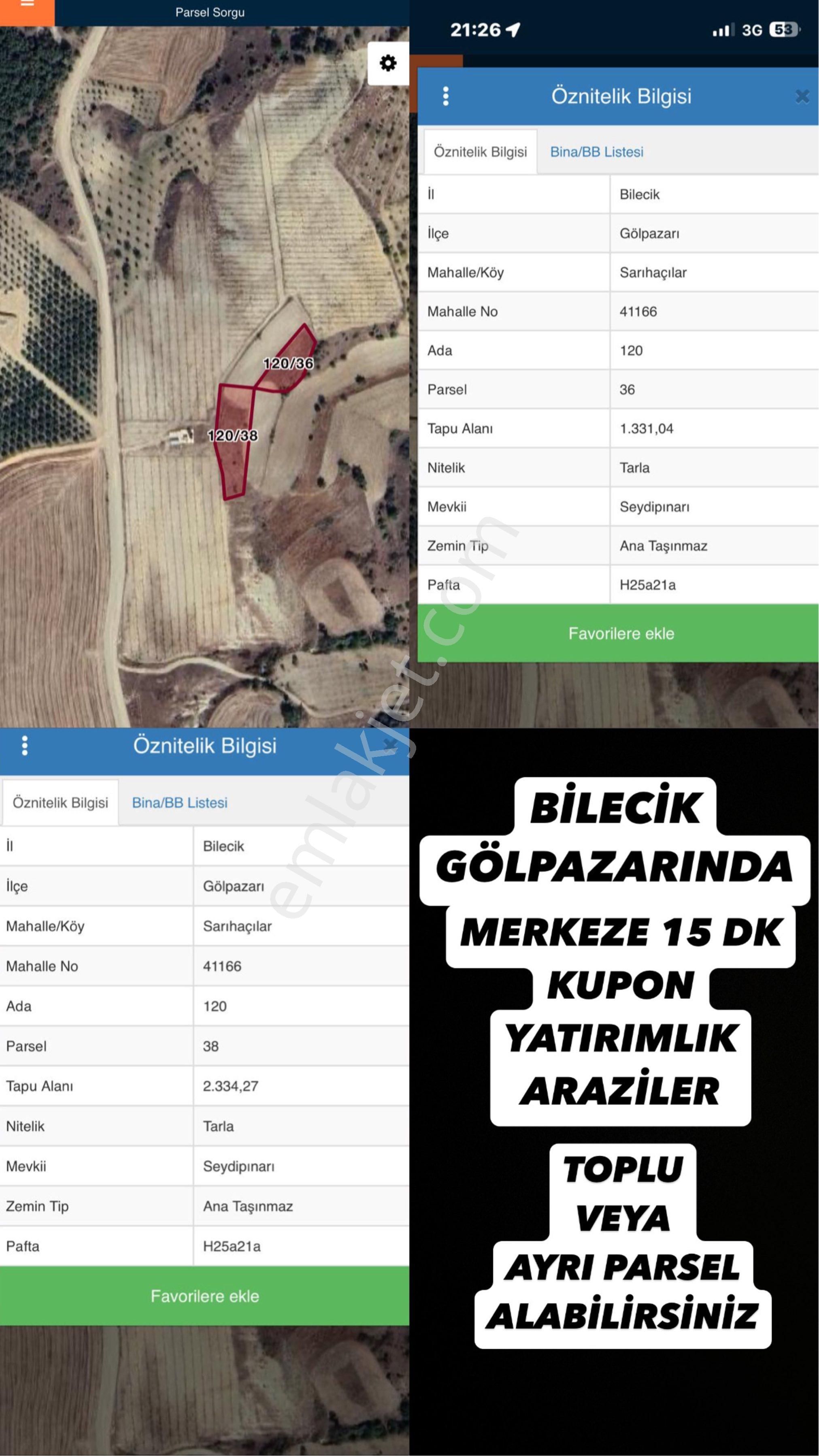 Gölpazarı Sarıhacılar Köyü (Merkez) Satılık Tarla Bilecik Gölpazarı Sarıhacılar Köyünde Satılık Yatırımlık Fırsat 2 Parsel