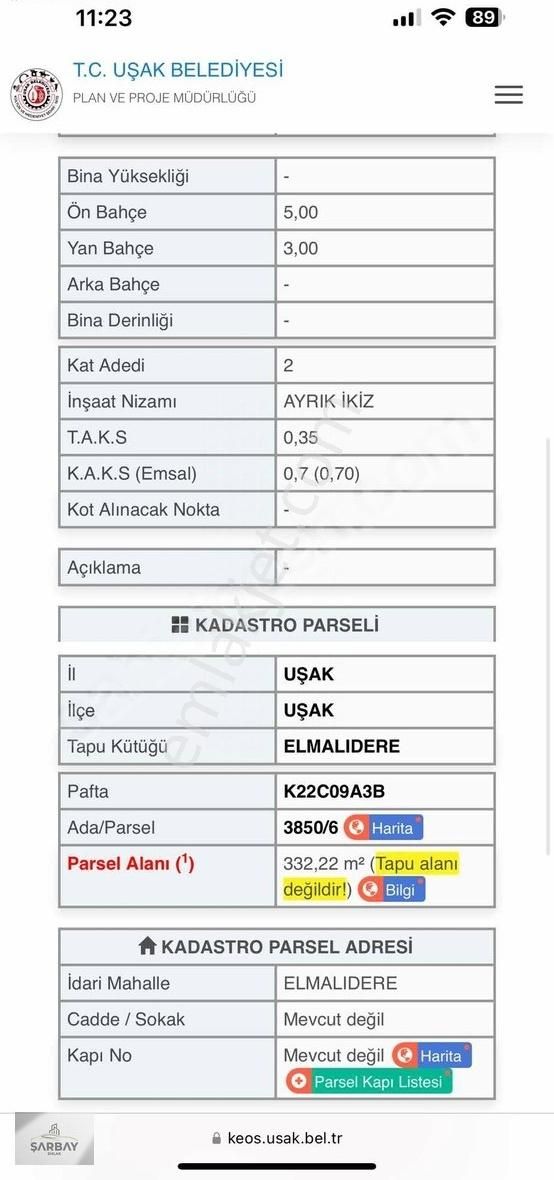 Uşak Merkez Kurtuluş Satılık Konut İmarlı 2 Kat Müsadeli Yola Cephe Çift Parsel