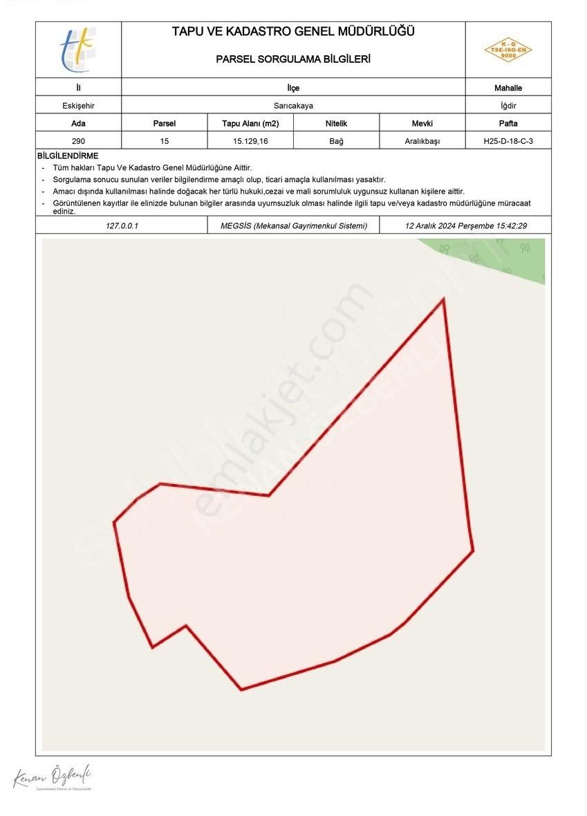 Sarıcakaya İğdir Satılık Tarla Eskişehir Sarıcakaya İğdir Mahallesi Satılık 15.130 M² Tarla