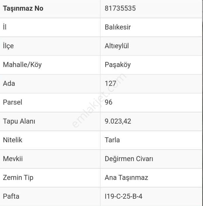 Altıeylül Paşaköy Satılık Tarla Balıkesir Altıeylül Paşaköy Mahallesi 9023m2 Satılık Tarla