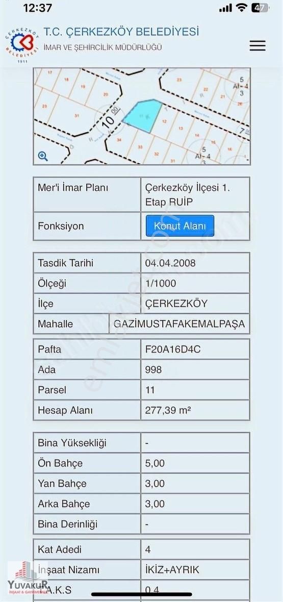 Çerkezköy Bağlık Satılık Konut İmarlı Tekirdağ Çerkezköy Bağlık Mah.toplam 4 Parsel 891m²satılık Arsa