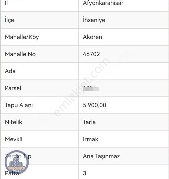 Şekerci Emlak'tan İhsaniye/akören'de Satılık Tarla