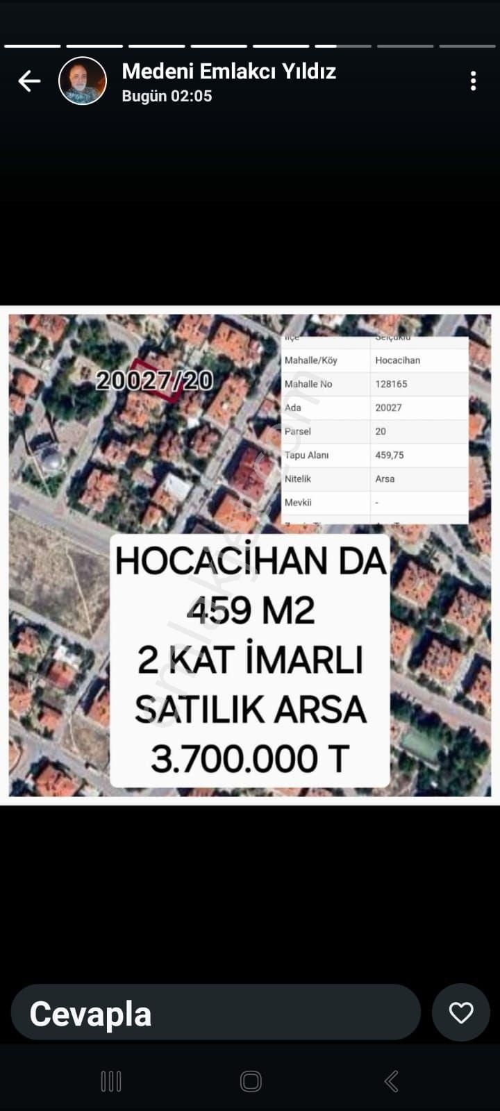 Selçuklu Hanaybaşı Satılık Konut İmarlı Konyavhosacıhan Mah. 460 M2 2.kata Imarlı Satılık Arsa