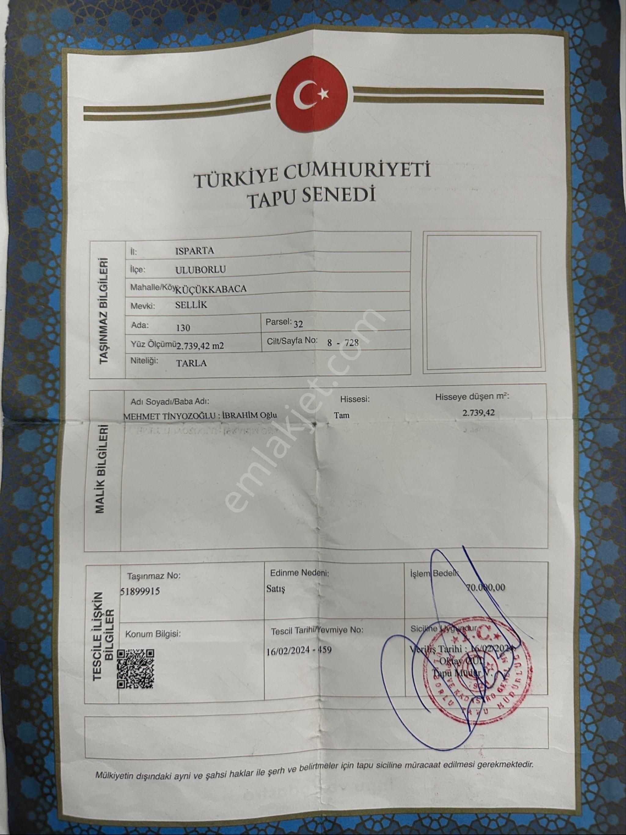 Uluborlu Küçükkabaca Köyü Satılık Tarla Sahibinden Satılık Köyiçi Tarla