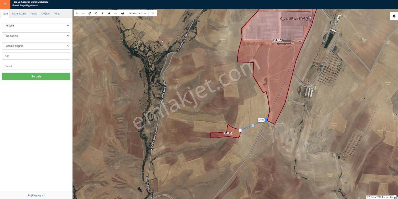 Kırşehir Merkez Karalar Köyü Satılık Tarla Karakurt’ta Sera Sınırına 250 Metre 16.500 M2 Satılık Tarla