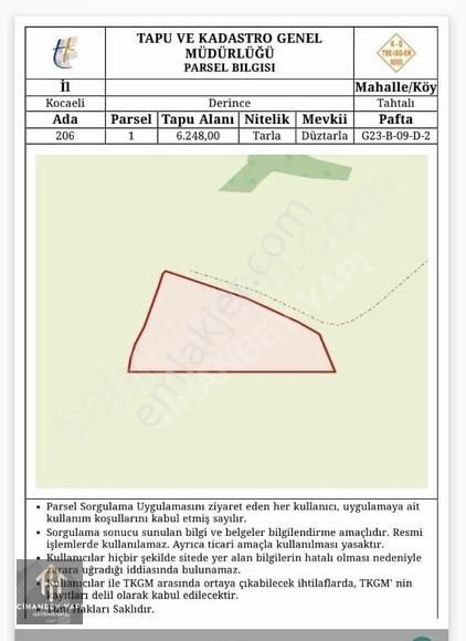 Derince Tahtalı Satılık Tarla Derince Tahtalı'da Göl Manzaralı 6.250 M² Uygun Fiyatla Arsa