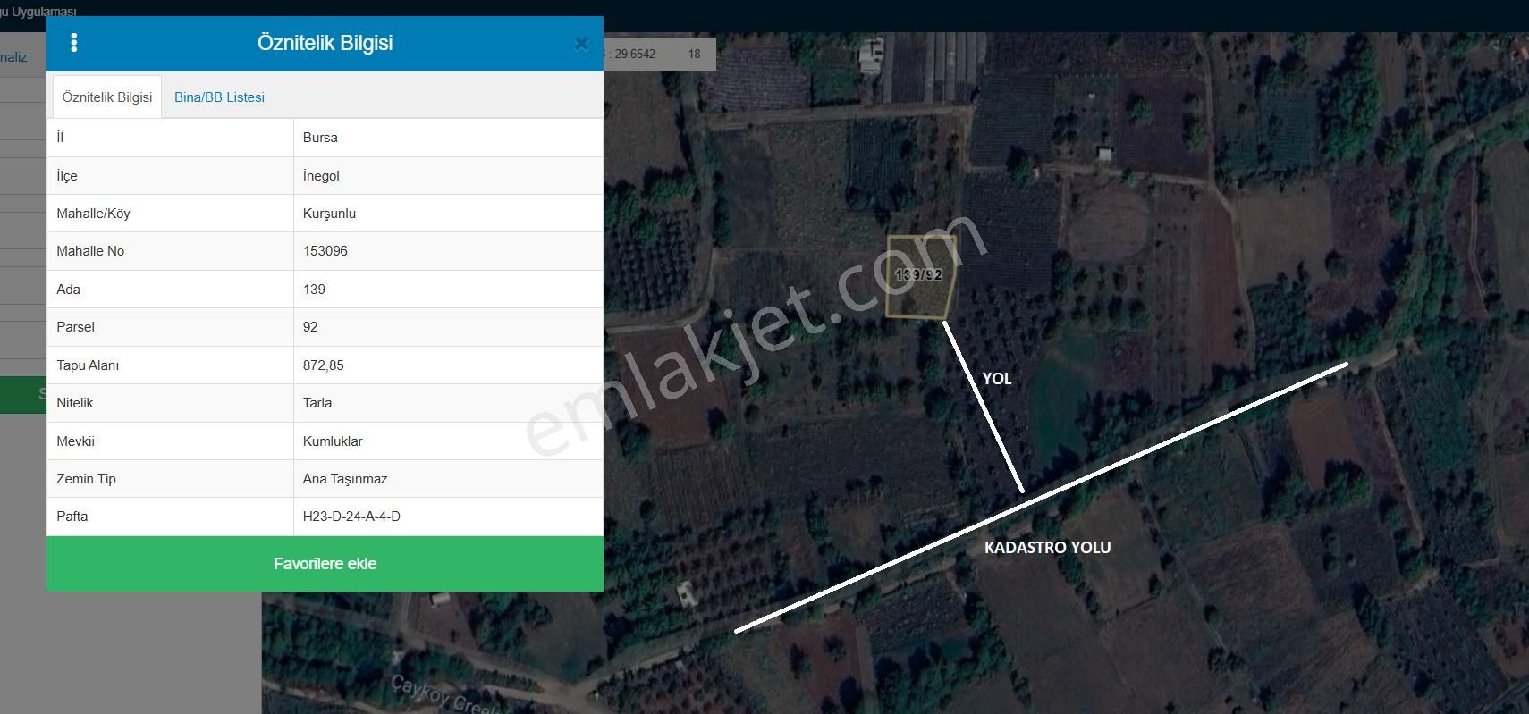 İnegöl Kurşunlu Satılık Tarla İnegöl Kurşunlu 873 M2 Yolu Suyu Var Köye 300 Mt (139/92)- Ha