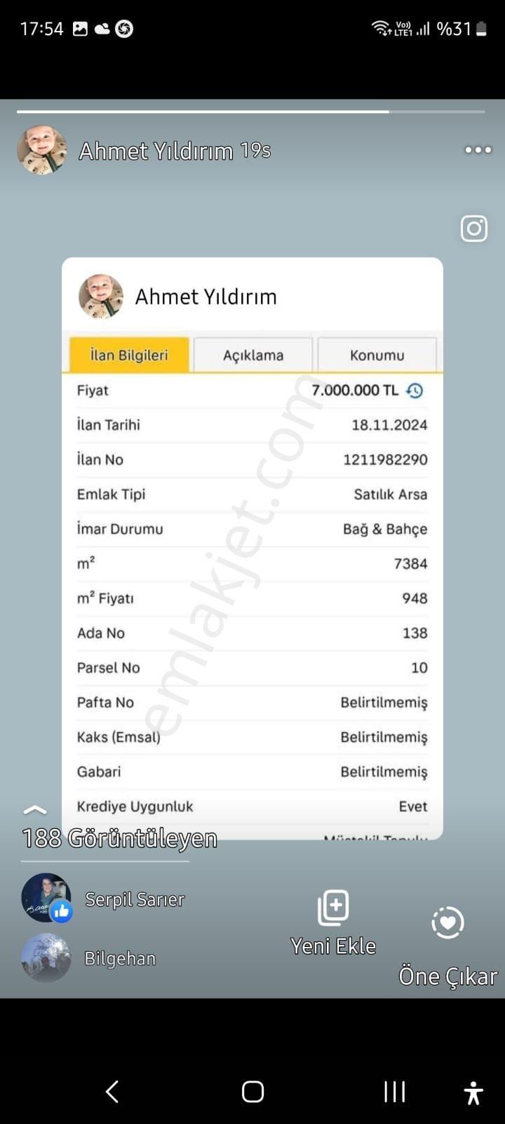 Korkuteli Garipce Satılık Bağ & Bahçe Antalya Korkuteli Garibce Köyünde 7.384 M2 Satılık Armut Bahçesi