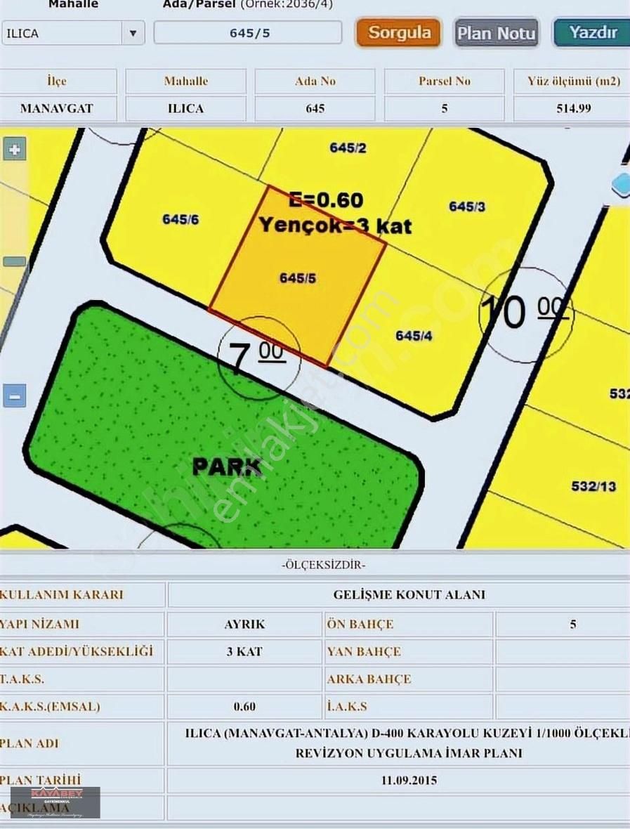 Manavgat Ilıca Satılık Villa İmarlı Manavgat Ilıca'da Yola 200m Denize 2km Mesafe 3 Parsel 1540m2