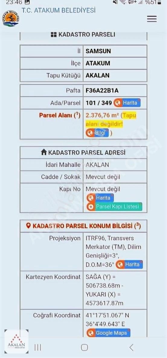 Atakum Akalan Satılık Tarla Atakum Akalan'da 2.377 M² Kadostra Yolu Olan,3 Ev Yapımına Uygun