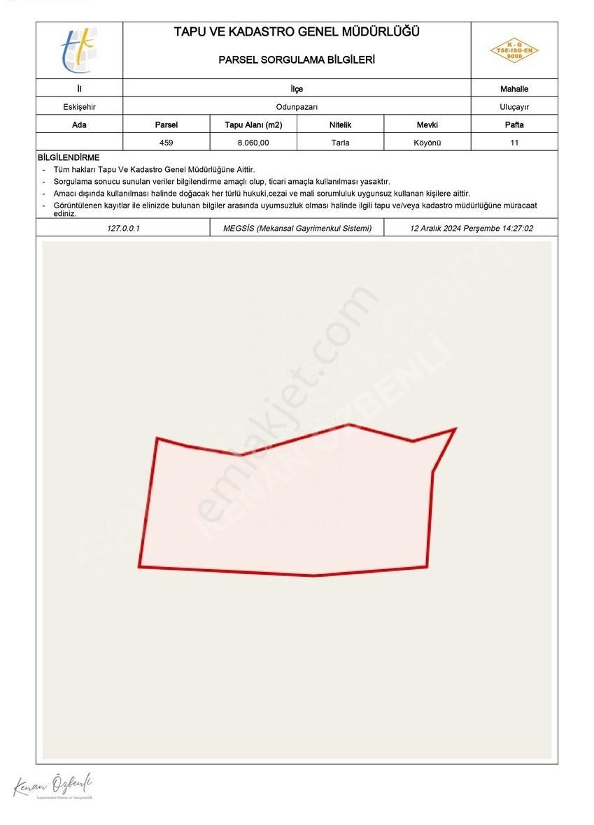 Odunpazarı Uluçayır Satılık Tarla Eskişehir Odunpazarı Uluçayır Mahallesi Satılık 8.060 M² Tarla