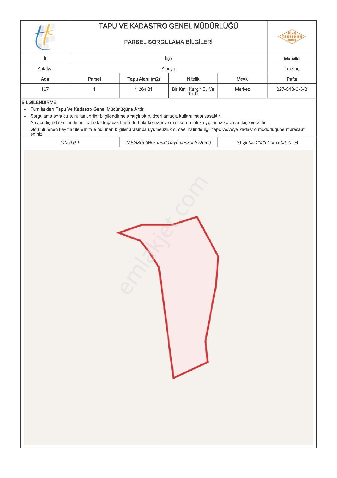 Alanya Türktaş Satılık Tarla Emlakparktan Türktaş Yaylasında Satılık Kargır Ev Ve 1364m2 Tarla