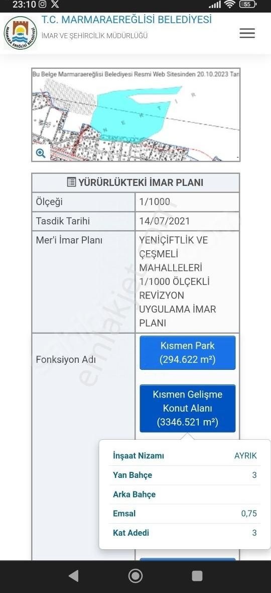 Marmaraereğlisi Çeşmeli Satılık Tarla Villa İmar Planında Olan Yerlerimiz Satılıktır.(emsal 0.75)