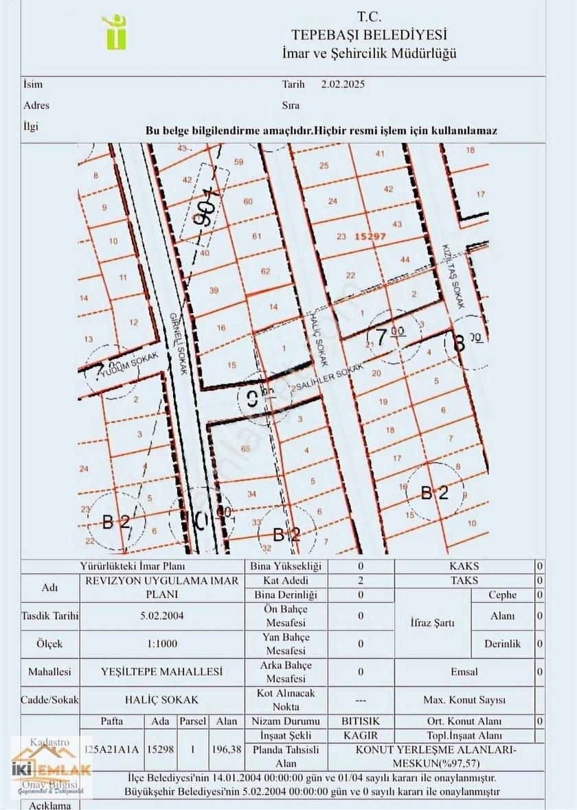 Tepebaşı Yeşiltepe Satılık Konut İmarlı İki Emlak'tan Yeşiltepe Mah Satılık 196 M² Arsa