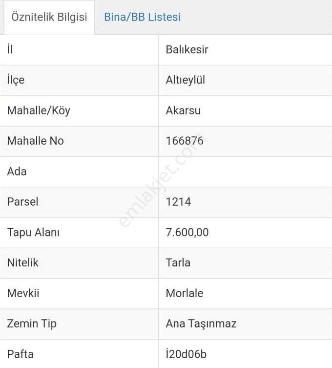 Altıeylül Akarsu Satılık Tarla Balıkesir Altıeylül Akarsu Mahallesi 7600m2 Satılık Tarla