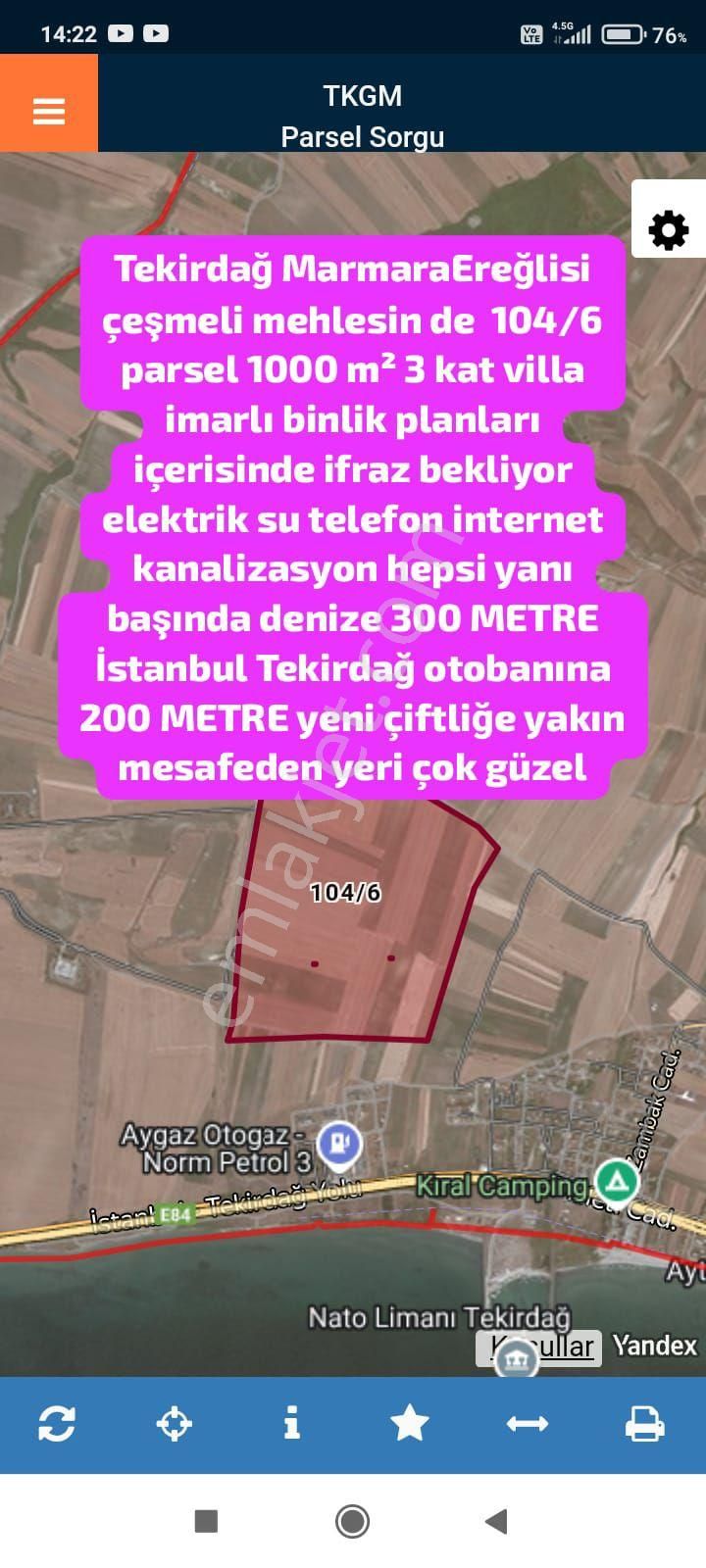 Marmaraereğlisi Çeşmeli Satılık Tarla Tekirdağ Marmaraereğlisi Çeşmeli Mehlesin De 104/6 Parsel 1000 M² 3 Kat Villa İmarlı Binlik Planlar