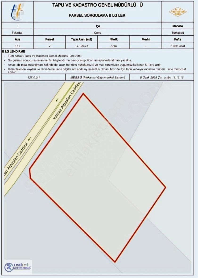 Çorlu Türkgücü OSB Satılık Sanayi İmarlı Türkgücü Osb Cadde Cepheli 17.107 M2 Sanayi İmarlı Arsa