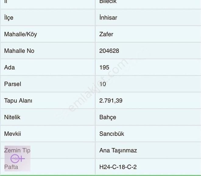 İnhisar Zafer Satılık Tarla Violetten Bilecik İnhisarda Satılık Müstakil Ev Ve Arsası 6000 M