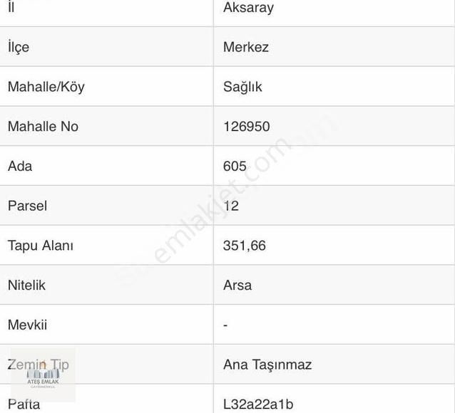 Aksaray Merkez Sağlık Bld. (Fatih) Satılık Tarla Ateş Emlak'tan Sağlık Parsel