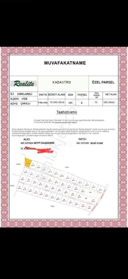 Vize Çakıllı Bld. (Hürriyet) Satılık Tarla Vize Çakılı Huriyete302metre Arsa