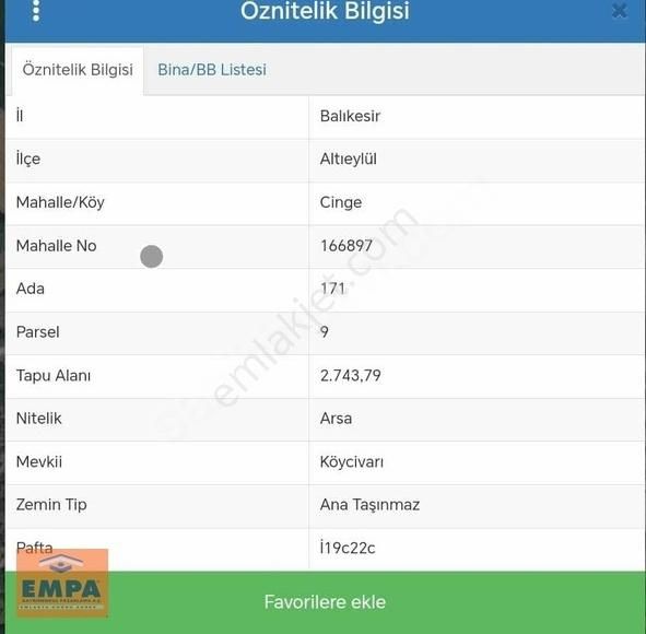 Altıeylül Cinge Satılık Tarla Empa Gayrimenkul'den Cinge'de Arsa