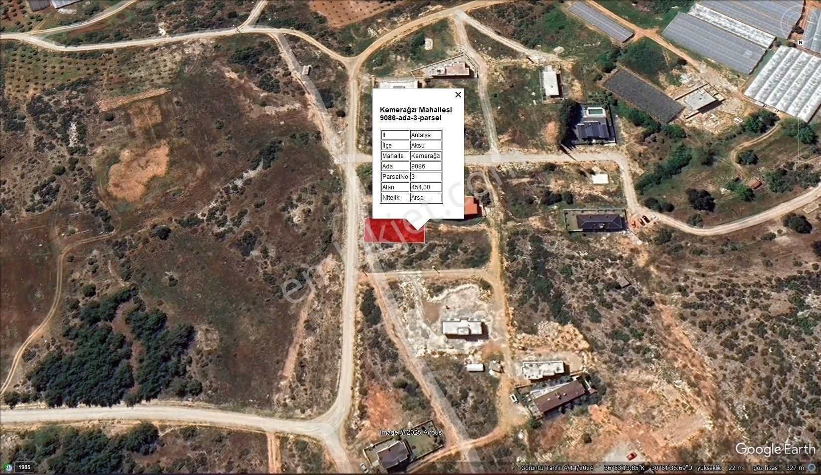 Aksu Kemerağzı Satılık Konut İmarlı Antalya/kemerağzı 9086/3 Parsel (454m2) İmarlı Arsa