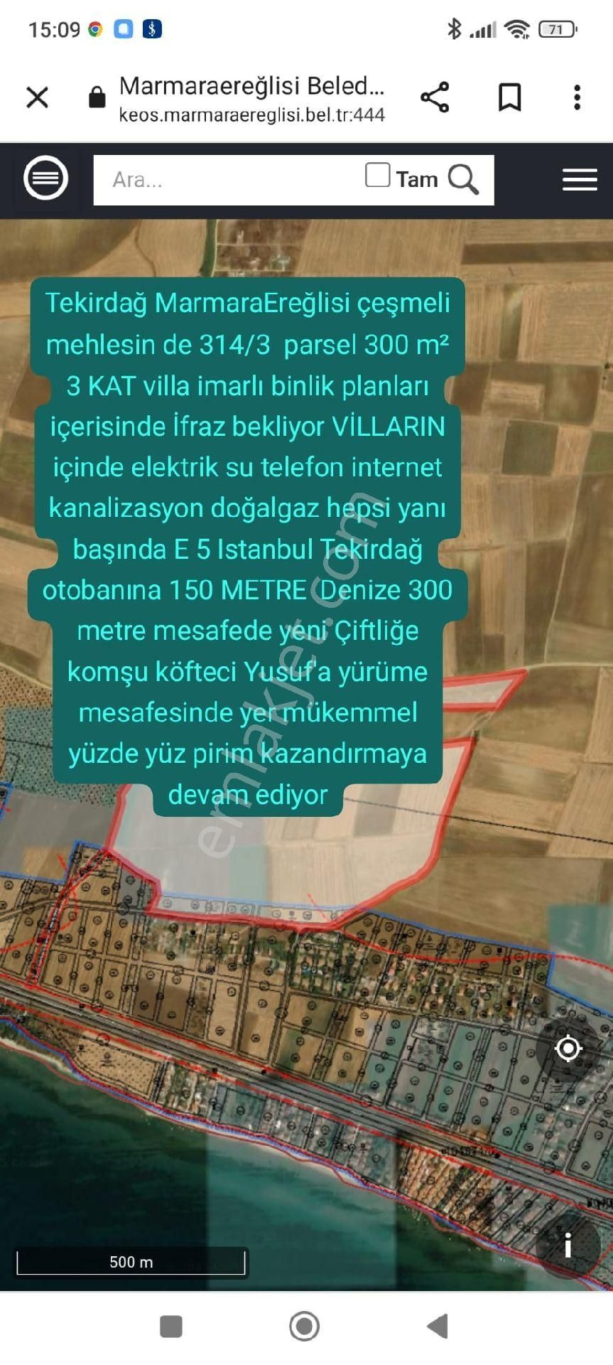 Marmaraereğlisi Çeşmeli Satılık Tarla Tekirdağ Marmaraereğlisi Çeşmeli Mehlesin De 314/3 Parsel 300 M² 3 Kat Villa İmarlı Binlik