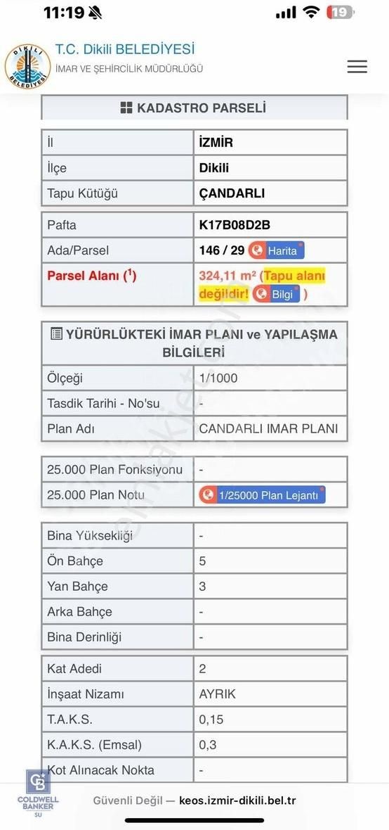 Dikili Çandarlı Satılık Villa İmarlı Çandarlı Eyko Bölgesinde İmarlı 321 M2 Arsa