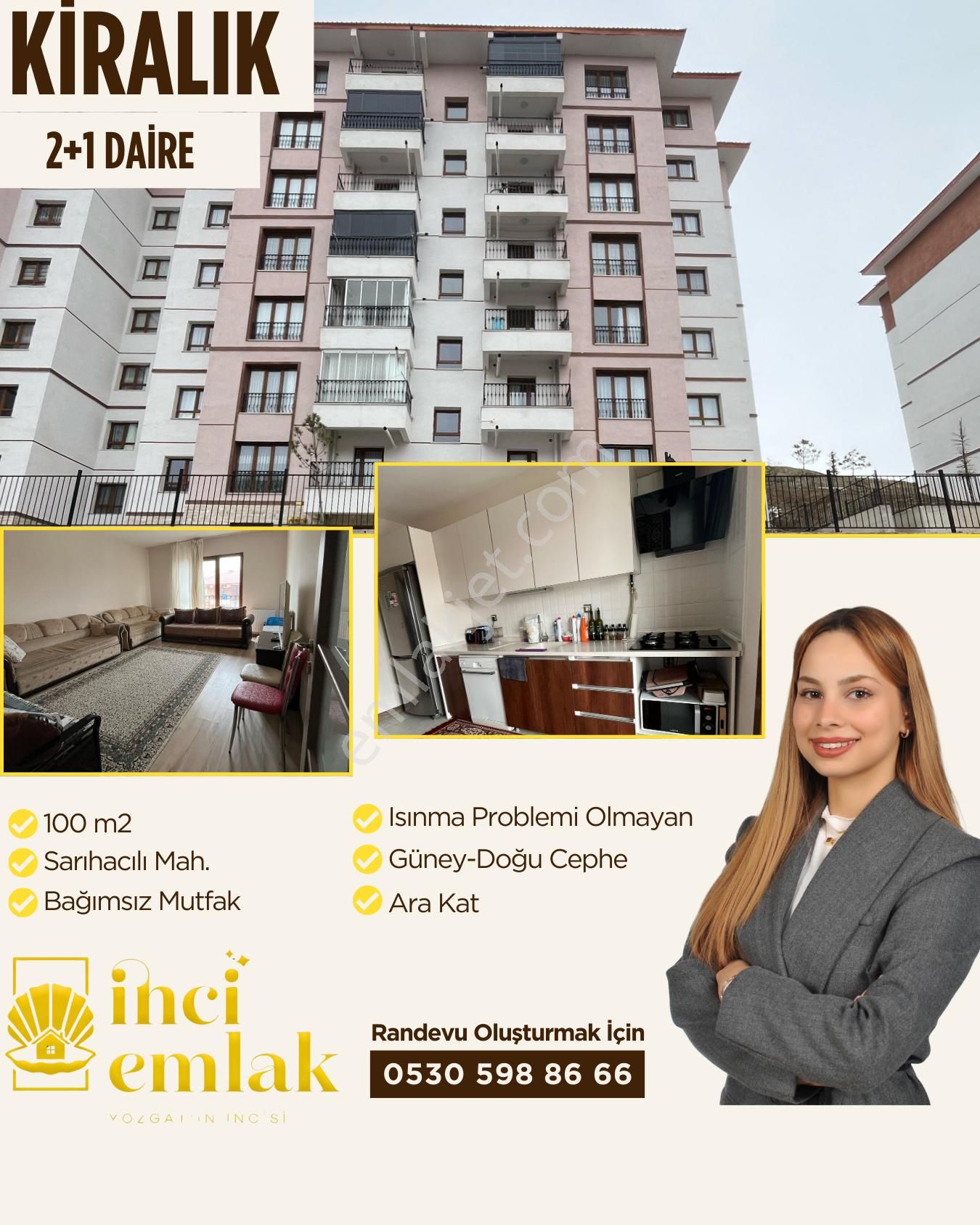 Yozgat Merkez Sarıhacılı Kiralık Daire İnci Emlak'tan 2+1 Bağımsız Mutfak Kiralık Daire