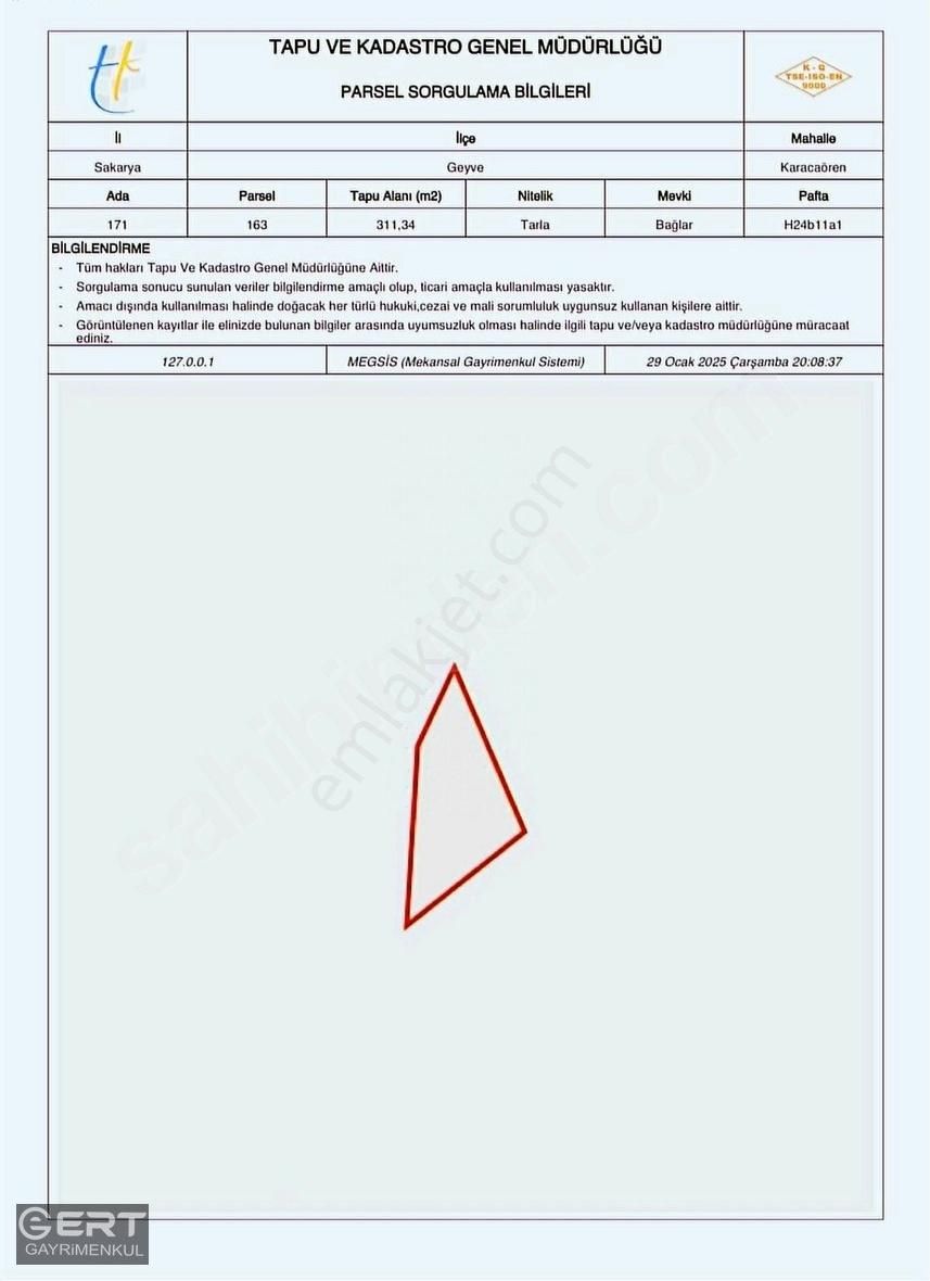 Geyve Karacaören Satılık Tarla Geyve Karacaören Yatırımlık 311 M2 Satılık Tarla