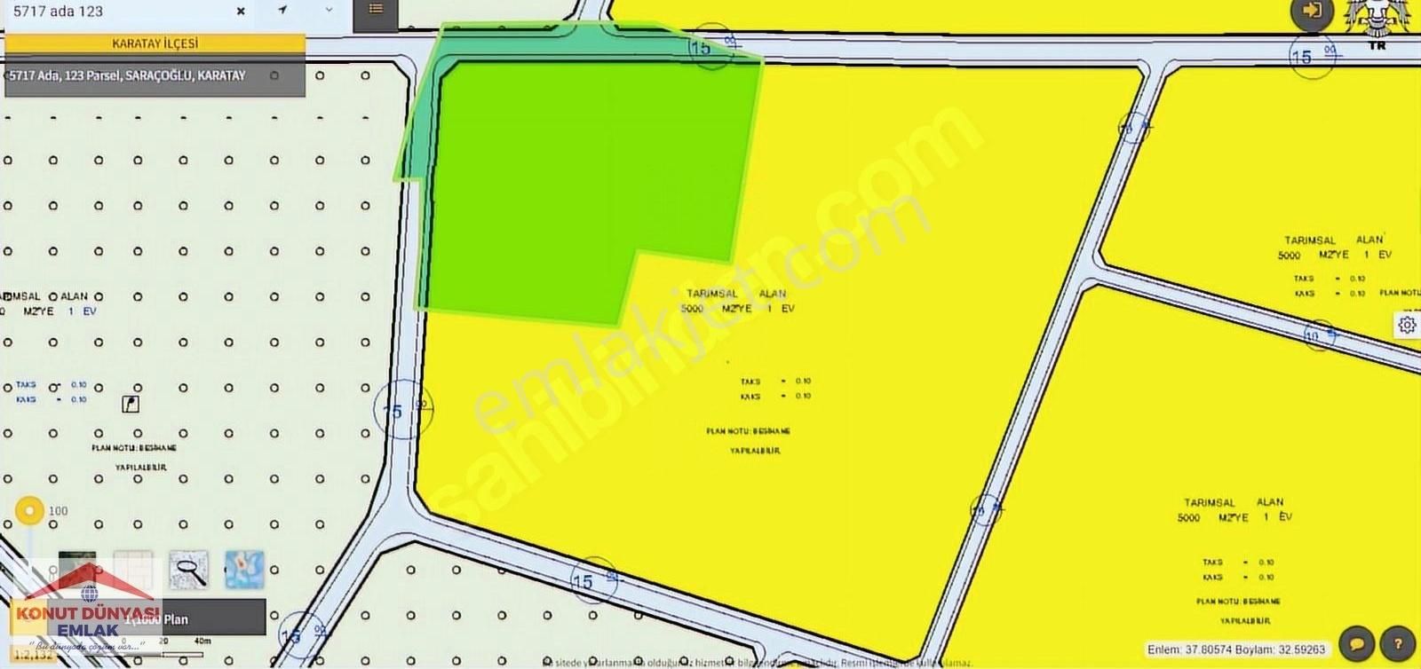 Karatay Saraçoğlu Satılık Özel Kullanım Saraçoğlu'nda Çift Yola Cephe 22742 M2 Tek Tapulu Arsa