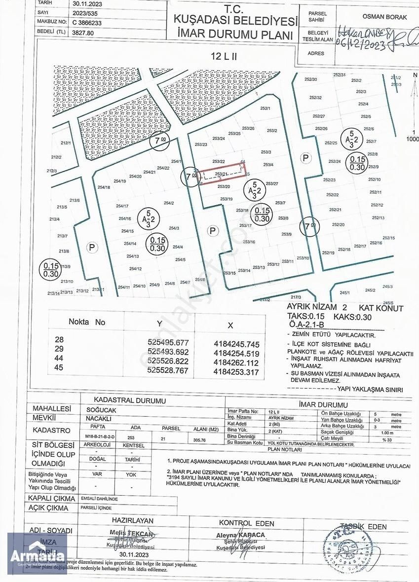 Kuşadası Soğucak Satılık Villa İmarlı Kuşadası Soğucak'ta Projesi Çizilmiş Satılık Villa İmarlı Arsa