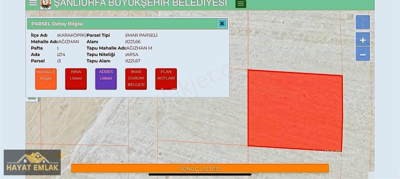 Karaköprü Ağızhan Satılık Ticari İmarlı Hayat Emlak'tan Satılık Yatırıma Uygun 1.221m İmarlı Parsel