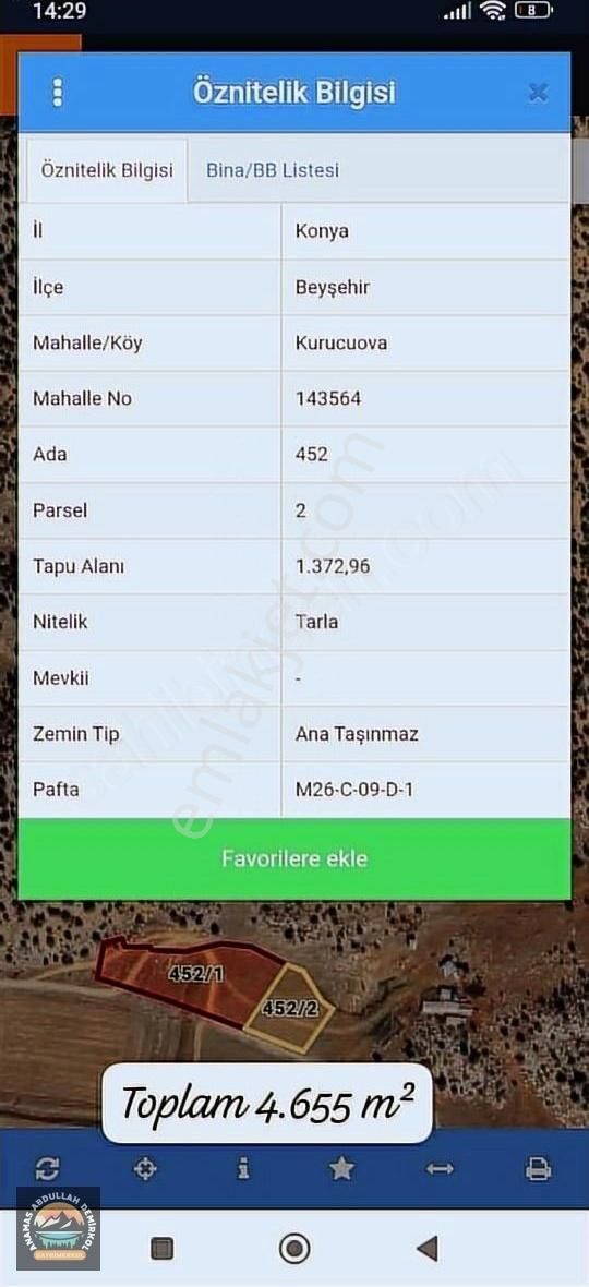 Beyşehir Kurucuova Satılık Tarla Kurucuovada 4.655 M² Satılık Tarla (yolu Mevcuttur )