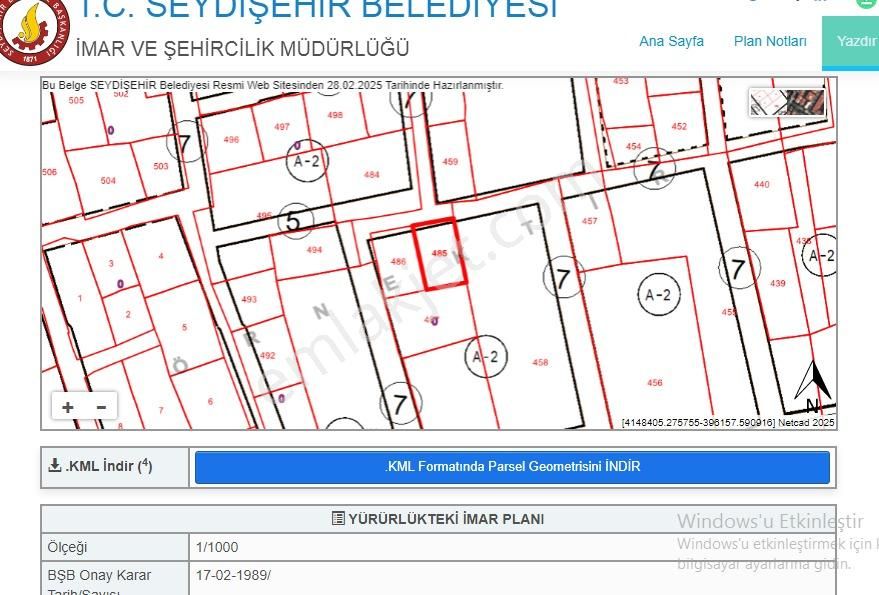 Konya Seydişehir Baraj M. Satılık Arsa 280 M2 Ayrık N 2 Kat İmar.yola 400 M.