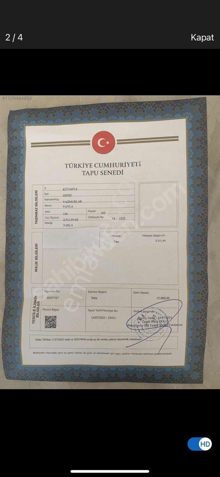 Gediz Yağmurlar Köyü Satılık Tarla Kütahya Gediz İlçesine Yakın Yaylada Satılık Acil Tarla