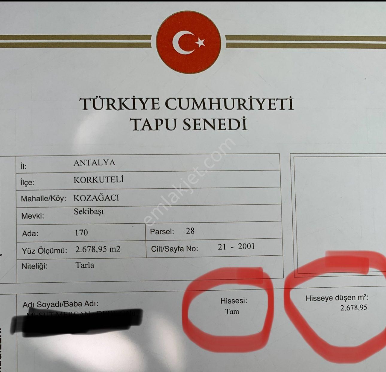 Korkuteli Kozağacı Satılık Tarla Sahibinden, Tek Jisse, Araç Takaslı