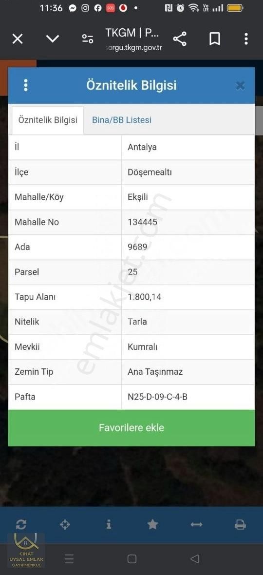 Döşemealtı Ekşili Satılık Tarla Döşemealtı Ekşili 1800 Mt Tarla Göl Manzaralı