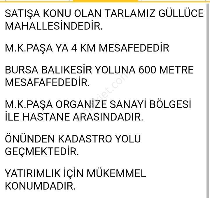 Mustafakemalpaşa Güllüce Satılık Tarla M.k.pasa Güllüce Yenıcelerde Satılık Tarla