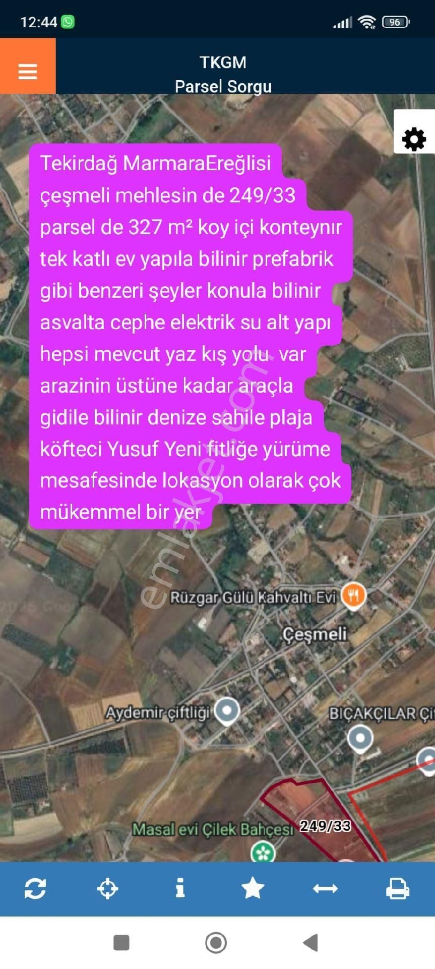 Marmaraereğlisi Çeşmeli Satılık Tarla Tekirdağ Marmaraereğlisi Çeşmeli Mehlesin De 249/33 Parsel De 327 M² Koy İçi Konteynır