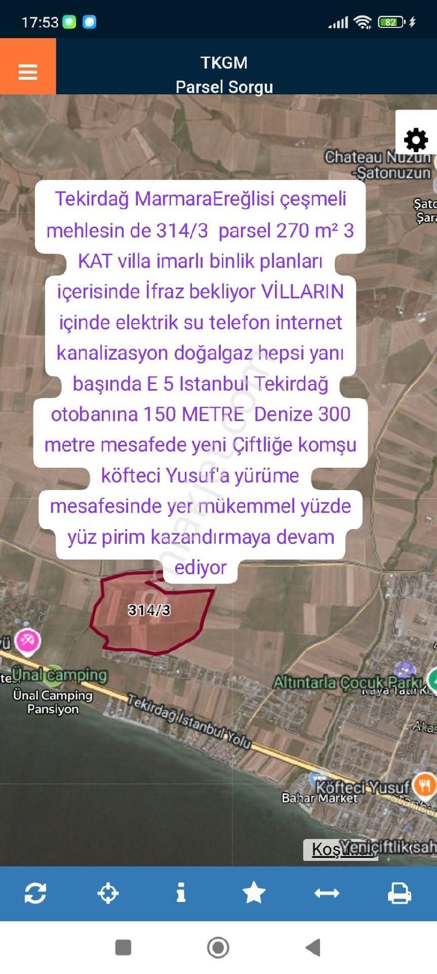 Marmaraereğlisi Çeşmeli Satılık Tarla Tekirdağ Marmaraereğlisi Çeşmeli Mehlesin De 314/3 Parsel 270 M² 3 Kat Villa İmarlı